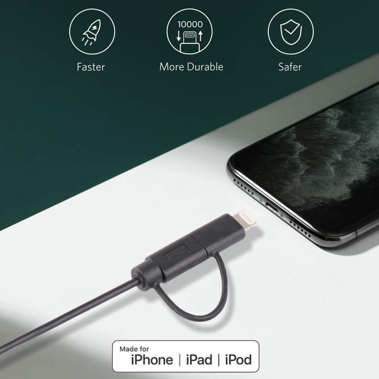 Cabo de Sincronização e Carregamento USB 2.0 Macho 1m MFI 2 em 1 8 Pinos + Micro USB