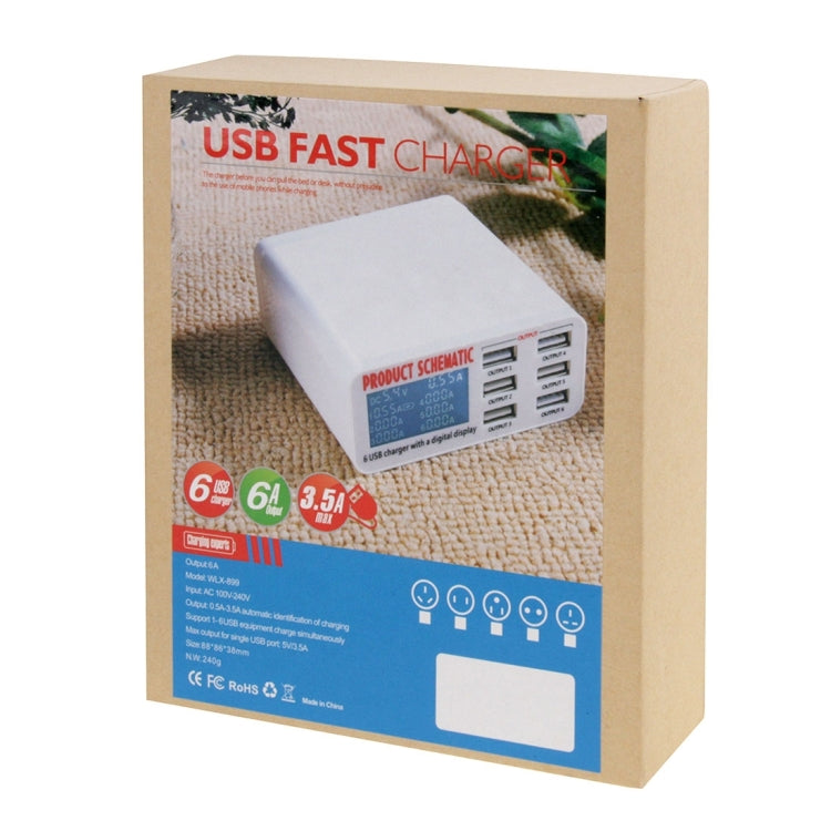 Carregador USB WLX-899 30W 5V 6A Saída 3.5A Máx, Carregador USB de Alta Velocidade com 6 Portas, Ecrã Digital e Cabo de 1.5m, WLX-899