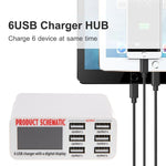 Carregador USB WLX-899 30W 5V 6A Saída 3.5A Máx, Carregador USB de Alta Velocidade com 6 Portas, Ecrã Digital e Cabo de 1.5m, WLX-899