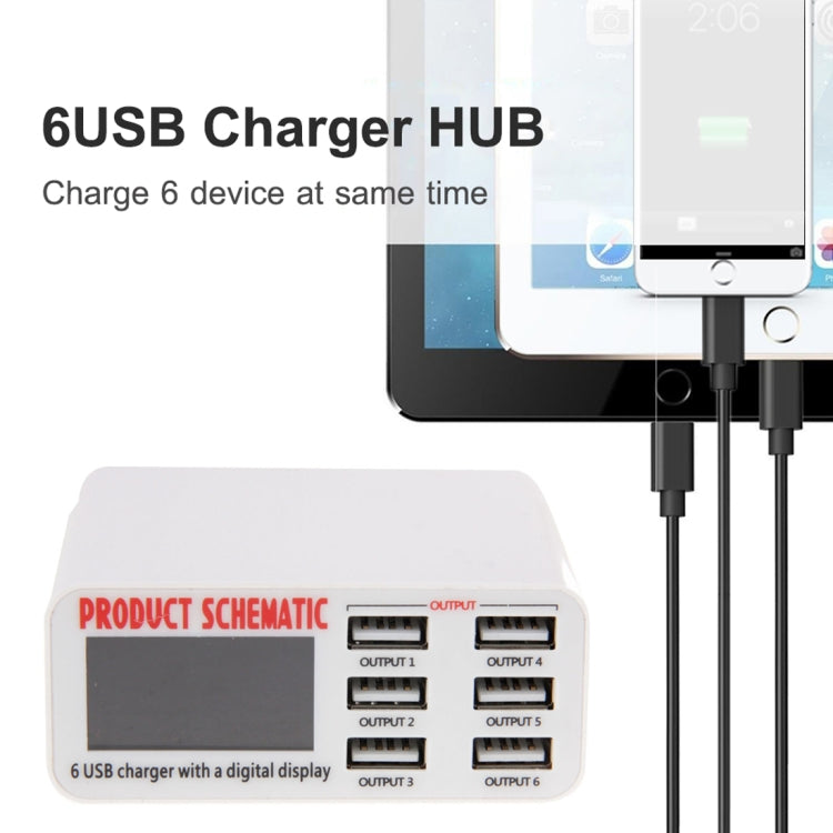 Carregador USB WLX-899 30W 5V 6A Saída 3.5A Máx, Carregador USB de Alta Velocidade com 6 Portas, Ecrã Digital e Cabo de 1.5m, WLX-899