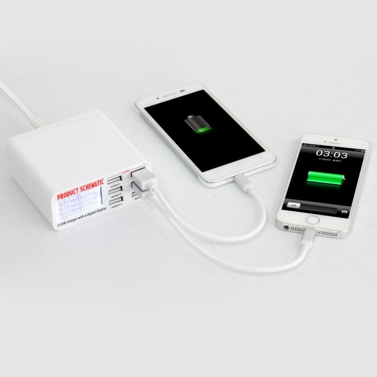 Carregador USB WLX-899 30W 5V 6A Saída 3.5A Máx, Carregador USB de Alta Velocidade com 6 Portas, Ecrã Digital e Cabo de 1.5m, WLX-899