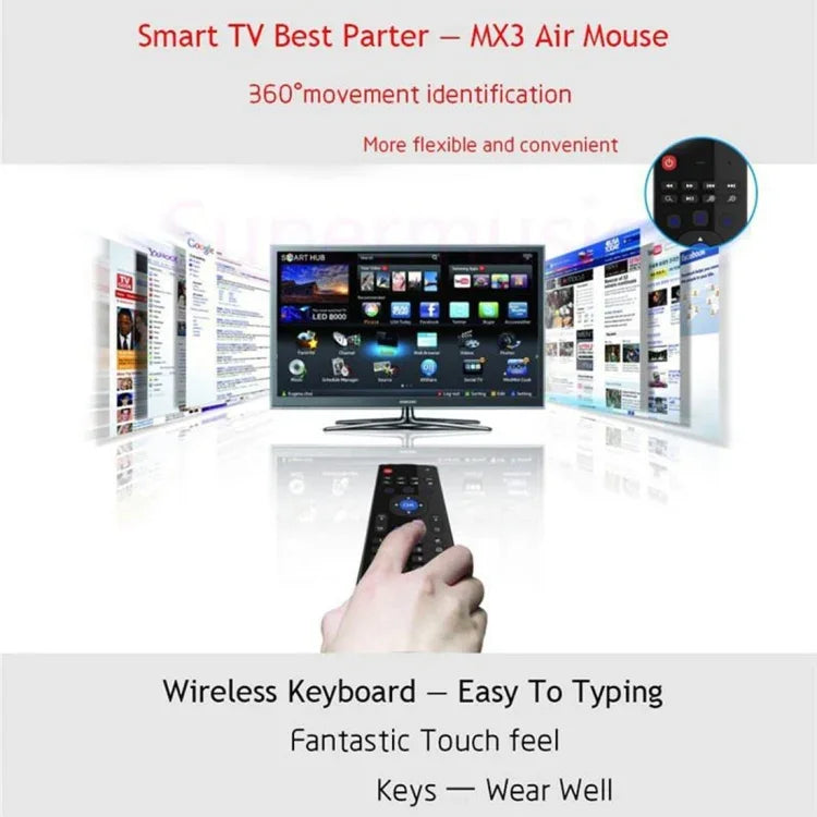 Teclado com comando remoto MX3 Air Mouse sem fios 2,4G com atalhos de navegador para Android TV Box / Mini PC, Air Mouse