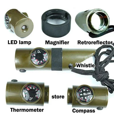 7 em 1 (Apito de Sobrevivência / Bússola / Termómetro / Luz LED / Lupa / Retrorefletor / Fio), Apito de Sobrevivência 7 em 1