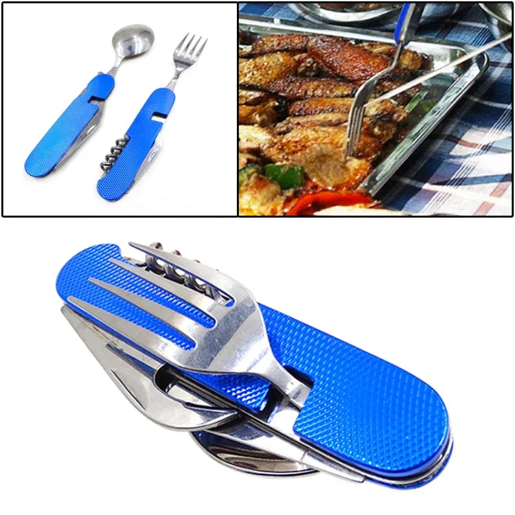 Conjunto de Talheres Dobráveis 6 em 1 em Aço Inoxidável para Viagem / Campismo, Colher + Garfo + Faca + Abridor de Garrafas