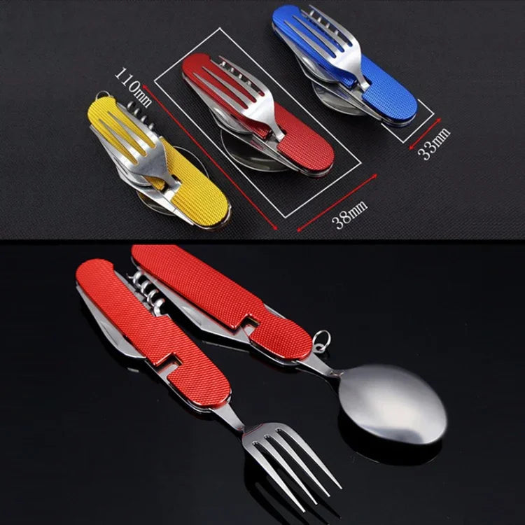 Conjunto de Talheres Dobráveis 6 em 1 em Aço Inoxidável para Viagem / Campismo, Colher + Garfo + Faca + Abridor de Garrafas
