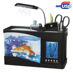 Aquário de Secretária USB Mini Tanque de Peixes com Água Corrente e 6 Luzes LED, Ecrã LCD com Relógio, Calendário, Hora e Alarme (Capacidade para 1,5 Quartos de Água)