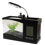 Aquário de Secretária USB Mini Tanque de Peixes com Água Corrente e 6 Luzes LED, Ecrã LCD com Relógio, Calendário, Hora e Alarme (Capacidade para 1,5 Quartos de Água)