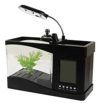 Aquário de Secretária USB Mini Tanque de Peixes com Água Corrente e 6 Luzes LED, Ecrã LCD com Relógio, Calendário, Hora e Alarme (Capacidade para 1,5 Quartos de Água)