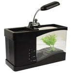 Aquário de Secretária USB Mini Tanque de Peixes com Água Corrente e 6 Luzes LED, Ecrã LCD com Relógio, Calendário, Hora e Alarme (Capacidade para 1,5 Quartos de Água)
