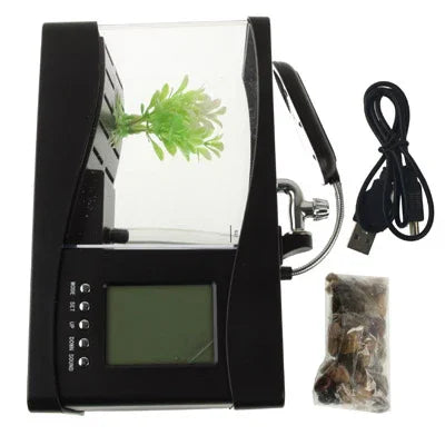 Aquário de Secretária USB Mini Tanque de Peixes com Água Corrente e 6 Luzes LED, Ecrã LCD com Relógio, Calendário, Hora e Alarme (Capacidade para 1,5 Quartos de Água)