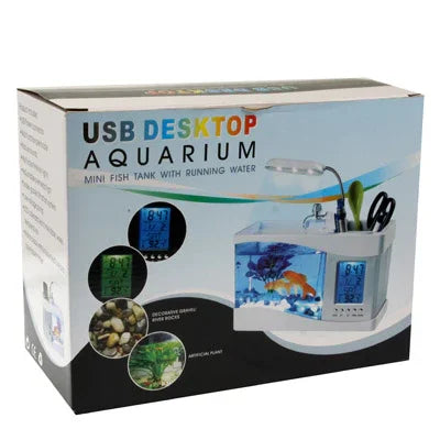 Aquário de Secretária USB Mini Tanque de Peixes com Água Corrente e 6 Luzes LED, Ecrã LCD com Relógio, Calendário, Hora e Alarme (Capacidade para 1,5 Quartos de Água)