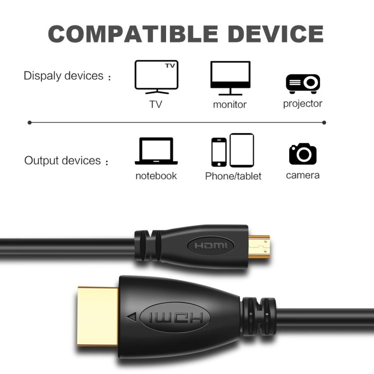 Cabo Micro HDMI Macho 3D 1080P Banhado a Ouro para HDMI Macho de 1m para Telemóvel, Câmaras, GoPro, Micro HDMI Banhado a Ouro, Comprimento: 1m