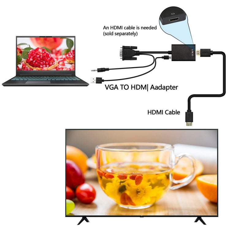 Conversor de Vídeo VGA + Áudio para HDMI Full HD 1080P para HDTV, HDMI Fêmea para VGA Macho + Áudio Preto