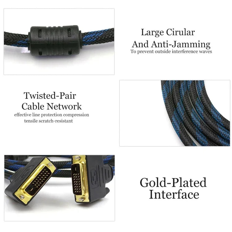Cabo de Vídeo Nylon Rede Estilo DVI-I Dual Link 24+5 Pinos Macho para Macho M / M, Comprimento: 3m, DVI 24+5 3m