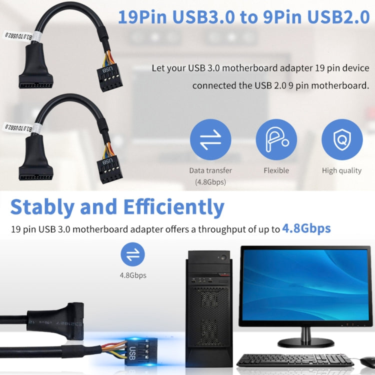 Cabo Adaptador USB 2.0 9 Pinos Placa-mãe Fêmea para USB 3.0 19 Pinos Caixa Macho, Comprimento: 15cm, 9 Pinos Fêmea para 19 Pinos Macho