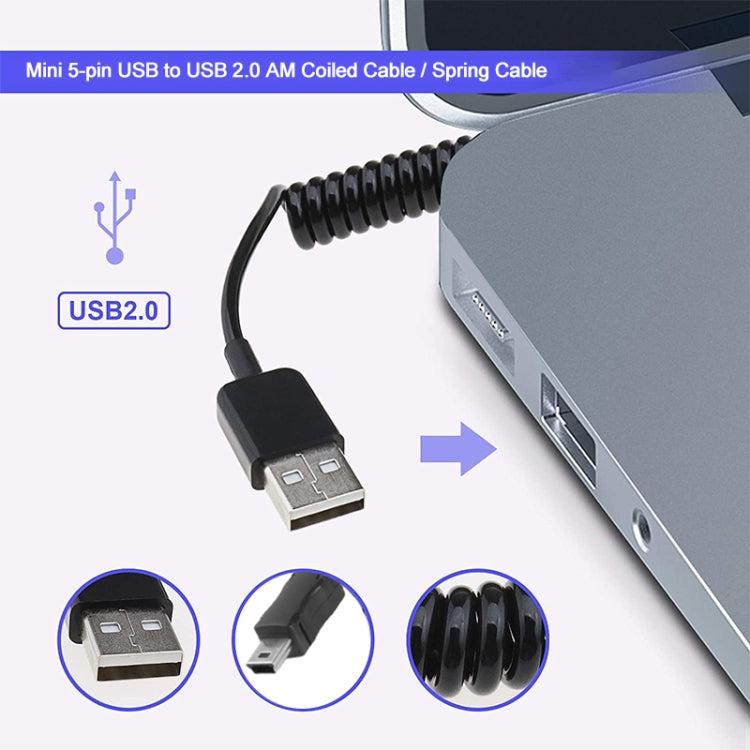 Cabo enrolado / cabo de mola Mini USB de 5 pinos para USB 2.0 AM, Comprimento: 25cm (pode ser estendido até 80cm), Mini USB para USB AM, Comprimento: 80cm