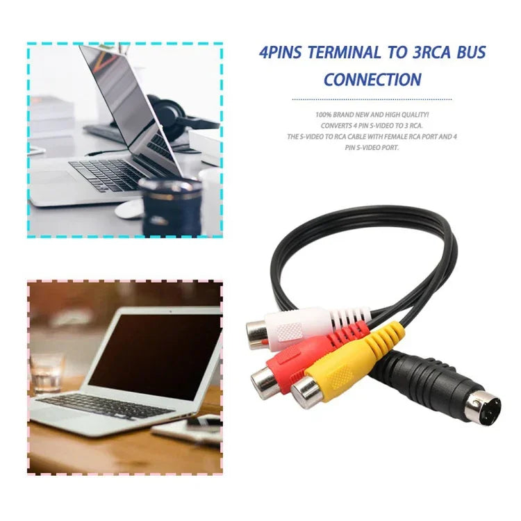 Adaptador de Cabo Conversor TV S-Video 4 pinos para RCA AV fêmea, Comprimento: 20cm, S-Video para AV 3RCA Fêmea