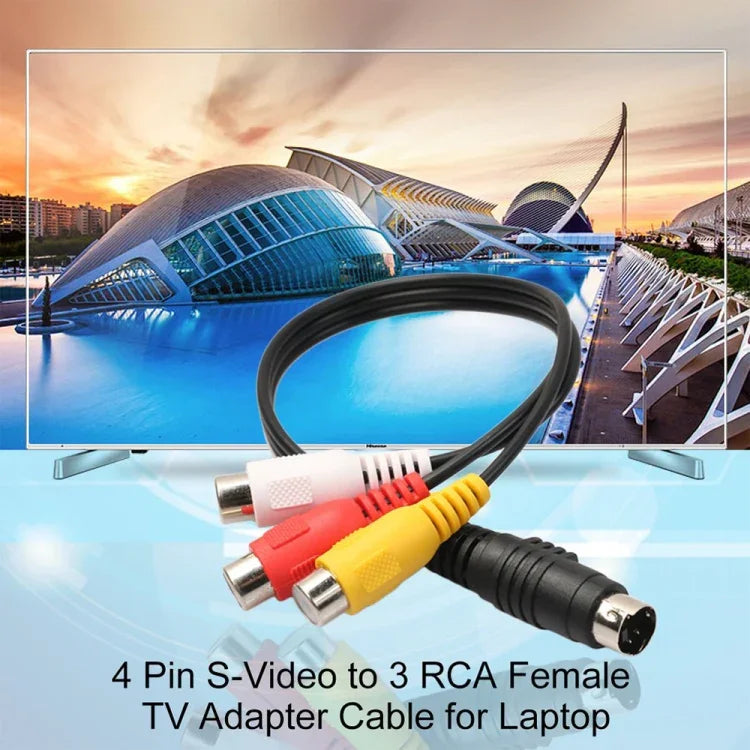 Adaptador de Cabo Conversor TV S-Video 4 pinos para RCA AV fêmea, Comprimento: 20cm, S-Video para AV 3RCA Fêmea