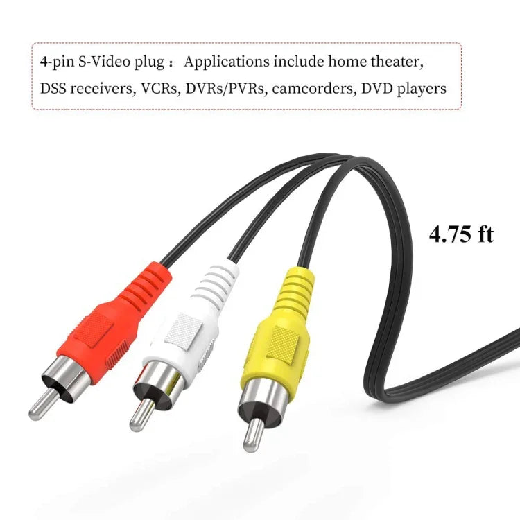 Cabo Adaptador Conversor TV Macho 4 Pinos S-Video para AV 3 RCA, Comprimento: 1,5M, S-Video para AV 3RCA Macho