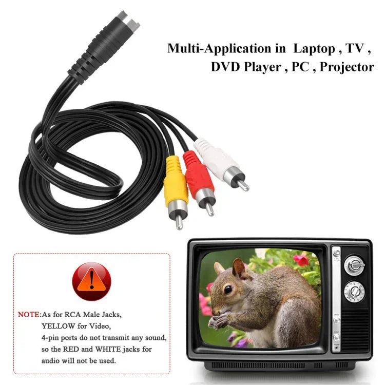 Cabo Adaptador Conversor TV Macho 4 Pinos S-Video para AV 3 RCA, Comprimento: 1,5M, S-Video para AV 3RCA Macho
