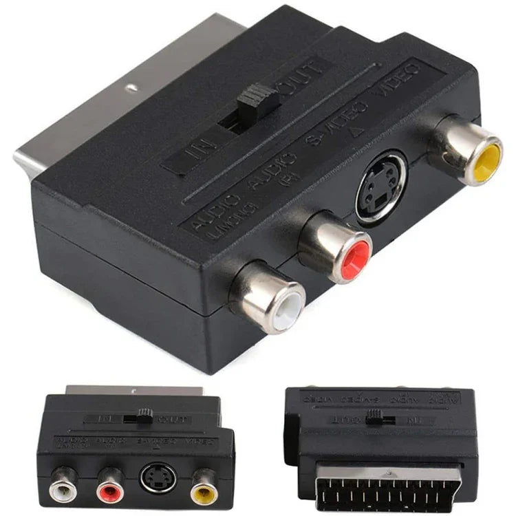 Scart Macho para Fêmea com Tomadas AV Composto + S-Video, Porta Dourada AV + S-Video