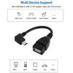 Cabo Adaptador USB Mini Macho a USB 2.0 AF com Função OTG em Ângulo de 90 Graus, Comprimento: 13cm, USB Mini em Ângulo Direito, 13cm