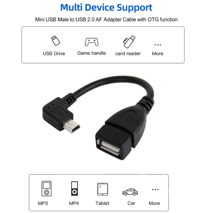 Cabo Adaptador USB Mini Macho a USB 2.0 AF com Função OTG em Ângulo de 90 Graus, Comprimento: 13cm, USB Mini em Ângulo Direito, 13cm