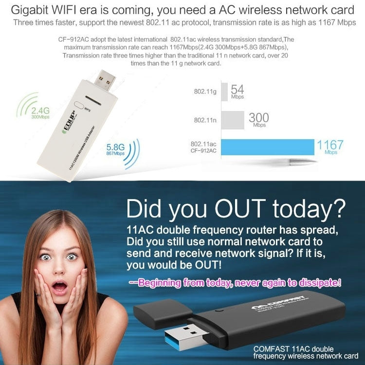 Adaptador Wi-Fi sem fios EDUP AC-1601 802.11AC 1200M de banda dupla USB 3.0, AC-1601 1200Mbps
