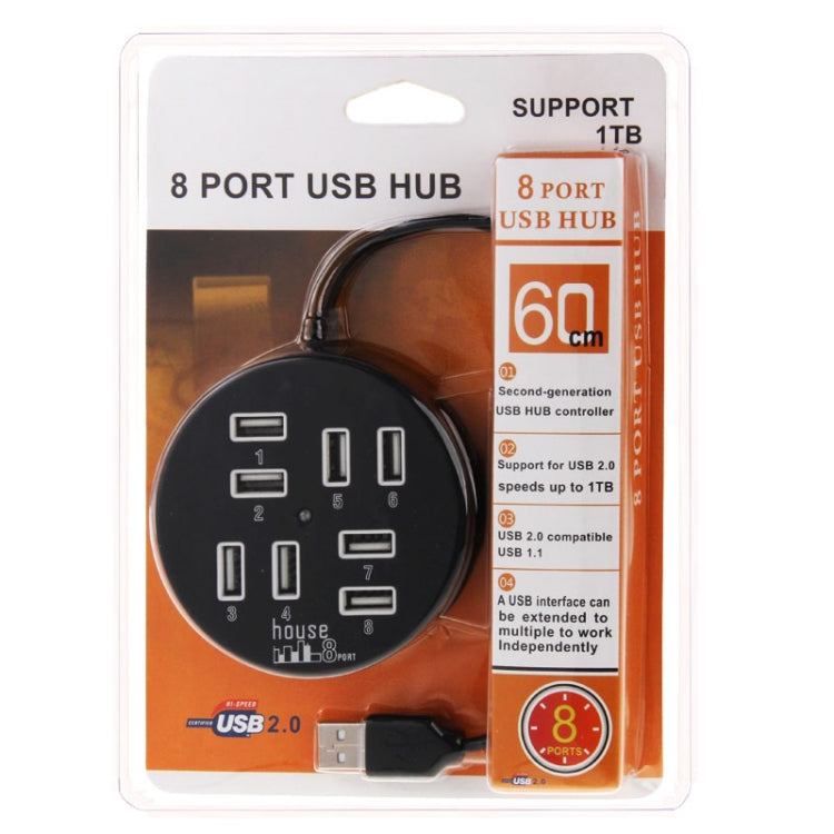 Hub USB 2.0 Portátil Redondo de Alta Velocidade com 8 Portas, Comprimento: 60cm Hub USB 2.0 Redondo Circular com 8 Portas, Adaptador de Expansão Multiponto para Portátil, Suporta Disco Rígido Móvel de 1TB, Redondo Circular (Preto)