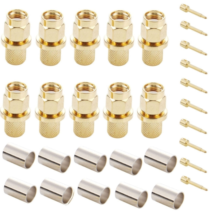 10 Peças Adaptador Conector SMA Macho Dourado com Plugue para Crimpagem RF para Cabo RG58 / RG142 / LMR195, Plugue SMA Macho