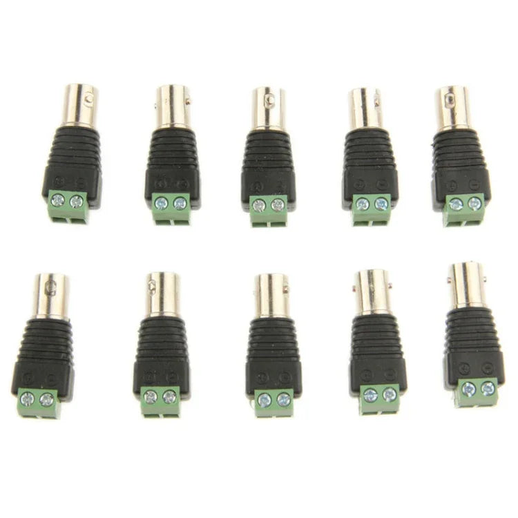 10 PCS Adaptador Conector Coaxial BNC Fêmea de Alimentação Verde para Câmaras CCTV, Alimentação Verde