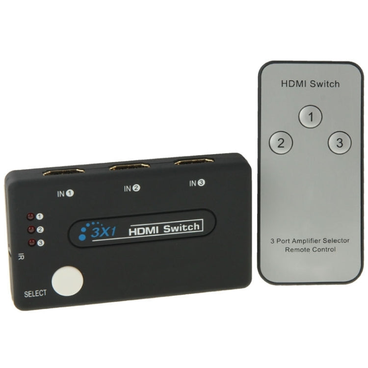 Selector Mini 3x1 HDMI HD 1080P V1.3 com Comando para HDTV / STB / DVD / Projetor / DVR, 1x3 HDMI V1.3