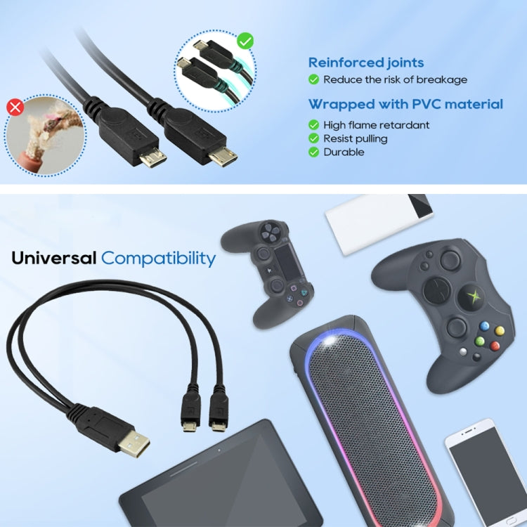 Cabo USB 2.0 macho para 2 Micro USB macho, comprimento: cerca de 30cm, USB 2.0 AM para 2 Micro USB