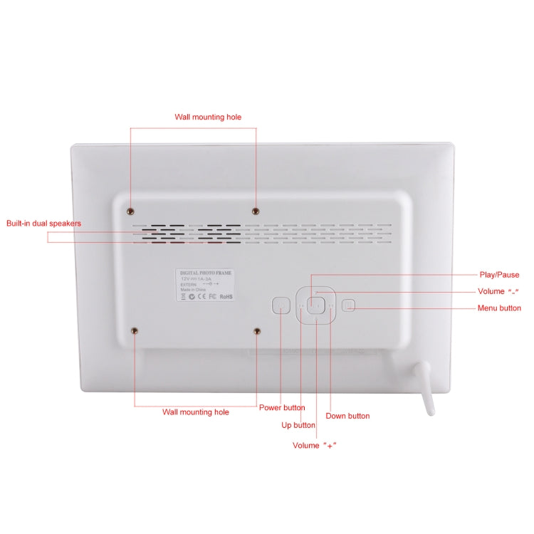 Moldura Digital para Fotos de 12,1 polegadas com Suporte e Comando à Distância, Programa Allwinner F16, Suporta Cartão SD / MMC / Pen USB, 12,1 polegadas