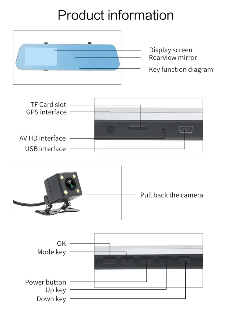 DVR para Veículo com Dupla Câmara e Ecrã de 4.3 polegadas Full HD 1080P, Ângulo de Visão de 140 Graus, Suporte para Visão Noturna / Monitorização de Estacionamento / Gravação em Loop / Detecção de Movimento / Sensor G / Cartão TF, 4.3 polegadas