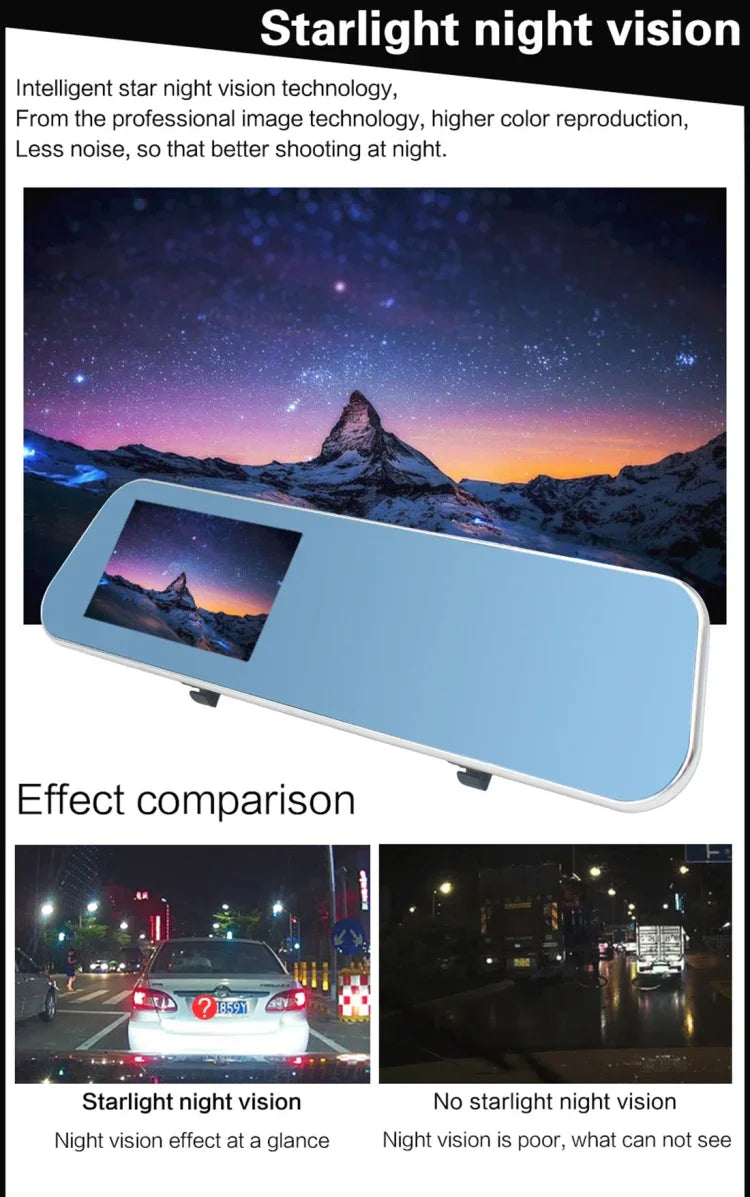 DVR para Veículo com Dupla Câmara e Ecrã de 4.3 polegadas Full HD 1080P, Ângulo de Visão de 140 Graus, Suporte para Visão Noturna / Monitorização de Estacionamento / Gravação em Loop / Detecção de Movimento / Sensor G / Cartão TF, 4.3 polegadas