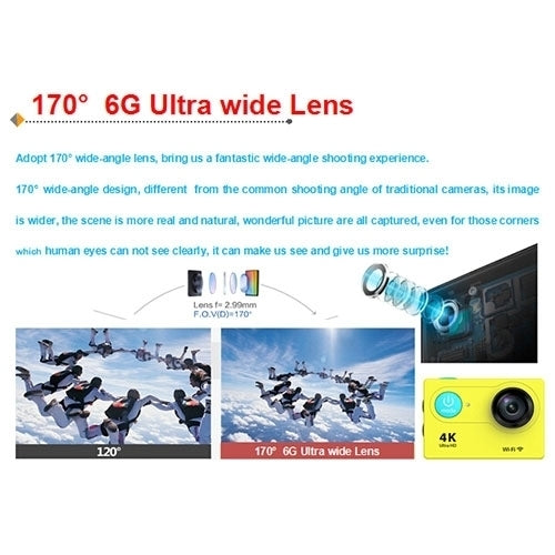 H9 4K Ultra HD1080P 12MP Ecrã LCD de 2 polegadas Câmara Desportiva WiFi, Lente Grande Angular de 170 Graus, Impermeável até 30m, H9 4K (Preto)