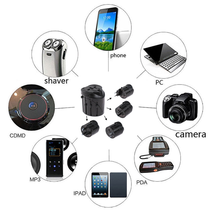 Adaptador universal de viagem tudo em 1 com fichas EU + AU + UK + US, Tamanho: 60 x 58 x 56mm