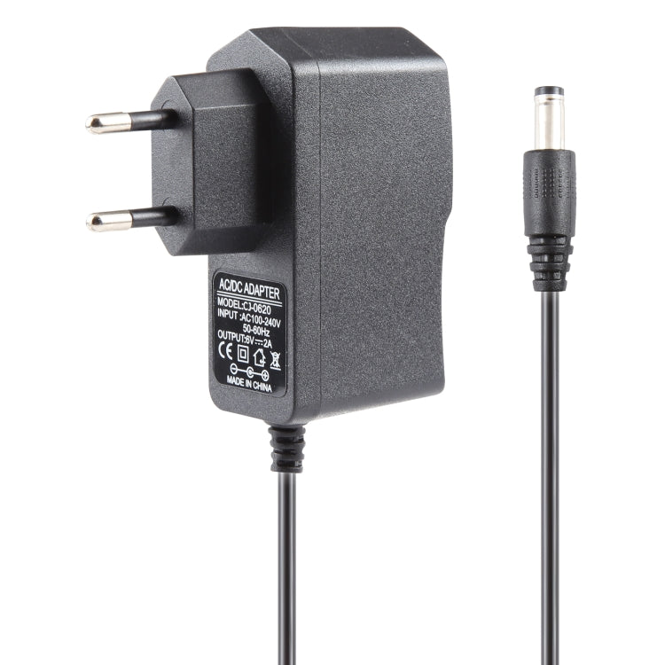 Adaptador de ficha EU AC 100-240V para DC 6V 2A, pontas: 5.5 x 2.1mm, comprimento do cabo: 1.1m, ficha EU DC 6V 2A