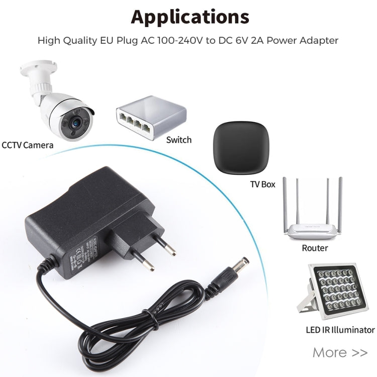 Adaptador de ficha EU AC 100-240V para DC 6V 2A, pontas: 5.5 x 2.1mm, comprimento do cabo: 1.1m, ficha EU DC 6V 2A