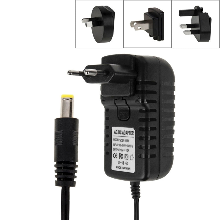 Adaptador de Energia 4 em 1 com Fichas EU + US + UK + AU AC 100-240V para DC 12V 3A, Pontas: 5.5 x 2.1mm, Comprimento do Cabo: cerca de 1.2m, Fichas EU+US+UK+AU