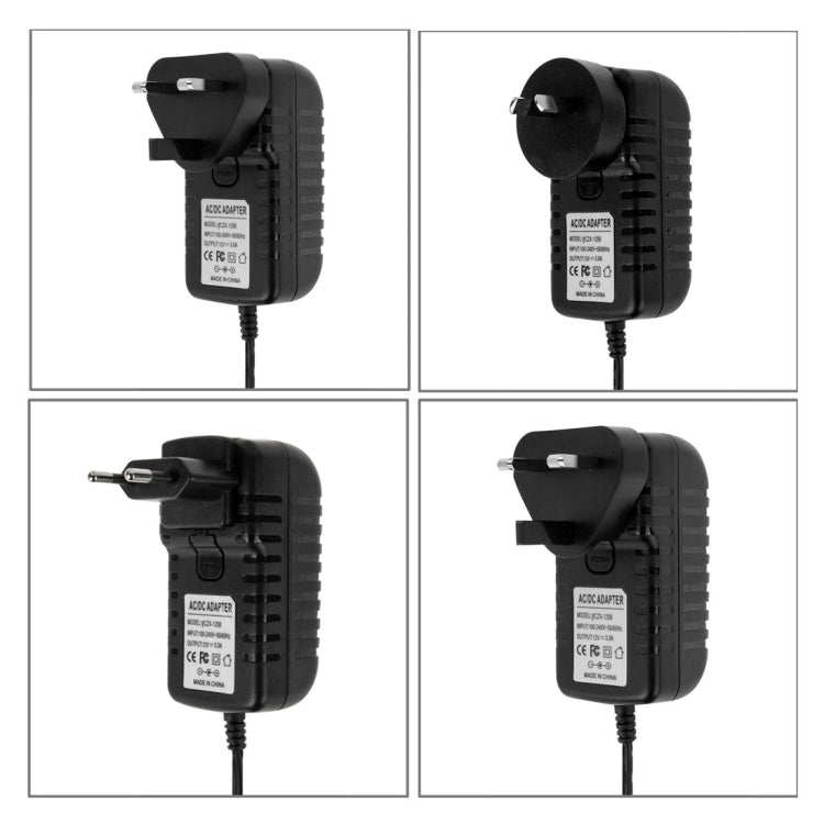 Adaptador de Energia 4 em 1 com Fichas EU + US + UK + AU AC 100-240V para DC 12V 3A, Pontas: 5.5 x 2.1mm, Comprimento do Cabo: cerca de 1.2m, Fichas EU+US+UK+AU
