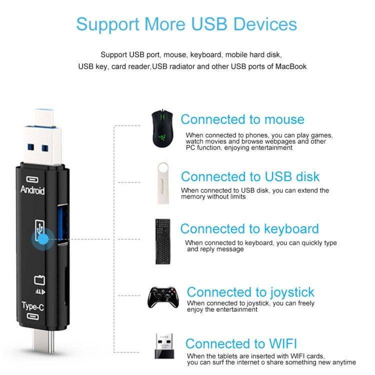 Adaptador Leitor de Cartões OTG 3 em 1 D-188 TF & USB para Micro USB & Tipo-C