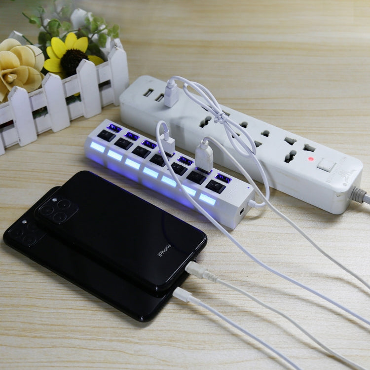 Hub USB 2.0 de 7 Portas Divisor USB de Alta Velocidade 480Mbps com Interruptor ON/OFF / 7 LEDs, 7 Portas (Branco), 7 Portas (Preto)