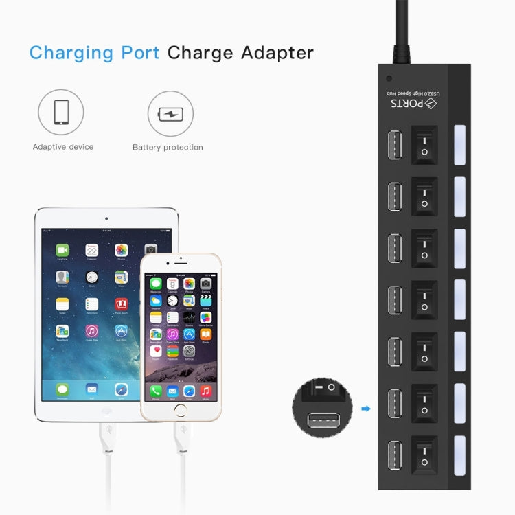 Hub USB 2.0 de 7 Portas Divisor USB de Alta Velocidade 480Mbps com Interruptor ON/OFF / 7 LEDs, 7 Portas (Branco), 7 Portas (Preto)