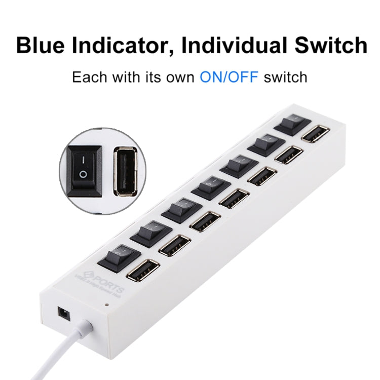 Hub USB 2.0 de 7 Portas Divisor USB de Alta Velocidade 480Mbps com Interruptor ON/OFF / 7 LEDs, 7 Portas (Branco), 7 Portas (Preto)