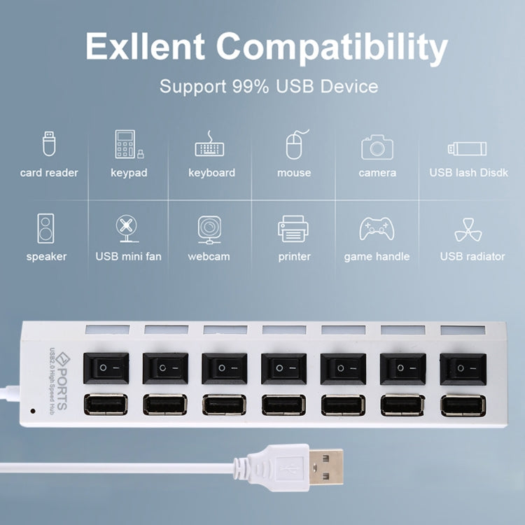 Hub USB 2.0 de 7 Portas Divisor USB de Alta Velocidade 480Mbps com Interruptor ON/OFF / 7 LEDs, 7 Portas (Branco), 7 Portas (Preto)