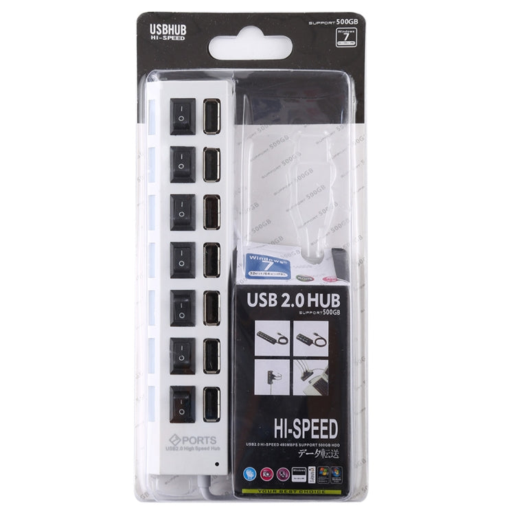 Hub USB 2.0 de 7 Portas Divisor USB de Alta Velocidade 480Mbps com Interruptor ON/OFF / 7 LEDs, 7 Portas (Branco), 7 Portas (Preto)