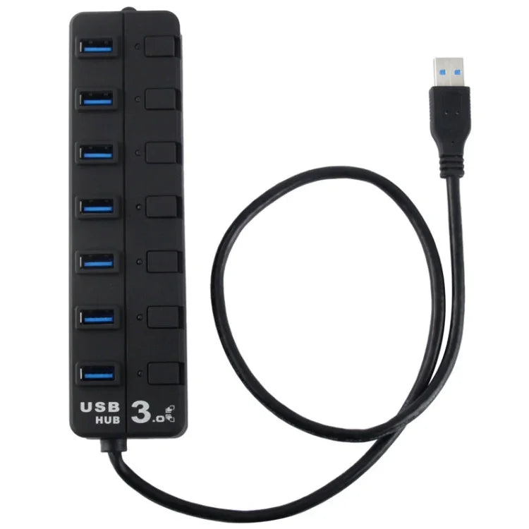 Hub USB 3.0 com 7 Portas e Interruptores Individuais para cada Porta de Transferência de Dados, 7 Portas (Preto)