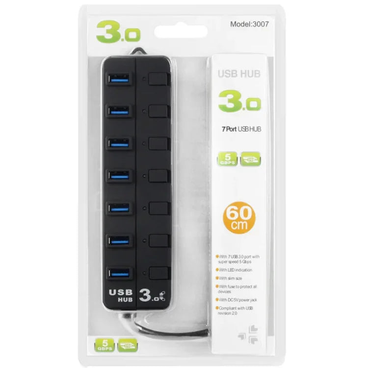 Hub USB 3.0 com 7 Portas e Interruptores Individuais para cada Porta de Transferência de Dados, 7 Portas (Preto)